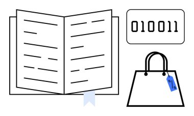 Kitap ayracı, dijital ikili kod ve fiyat etiketli alışveriş çantası. Eğitim, e-ticaret, dijital teknoloji, alışveriş, okur yazarlık kodlama minimalist tasarım için idealdir. Soyut satır düzlüğü