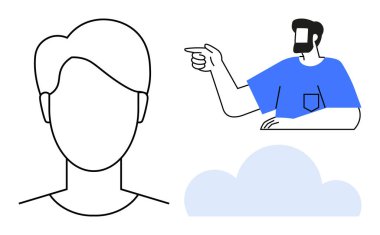 Basit yüz hatları, mavi tişörtlü sakallı adam, açık mavi bulut. İletişim, yön, basitlik, boşluk, rehberlik karar verme minimalizmi için idealdir. Soyut çizgi