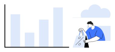 Artan parmaklıkları olan bar grafiği ve üzerinde yüzde işareti olan alışveriş torbaları taşıyan bir adam. Satış analizi, tüketici eğilimleri, alışveriş davranışı, ecommerce, pazar araştırması, mali raporlar için ideal