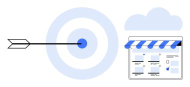Ok hedefi vuruyor, e-ticaret mağazası önü bulutlu. Ticari hedefler, çevrimiçi pazarlama, e-ticaret stratejisi, dijital hedef, hassas pazarlama, küçük işletmeler, girişimler için ideal