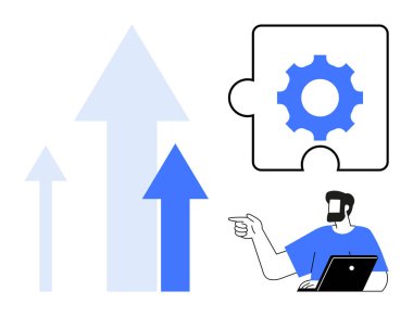 Yukarı doğru büyüyen okları ve yapboz parçalarını gösteren adam. İş stratejisi, büyüme, verimlilik, problem çözme, takım çalışması, yenilik ve başarı için ideal. Soyut çizgi düz metafor