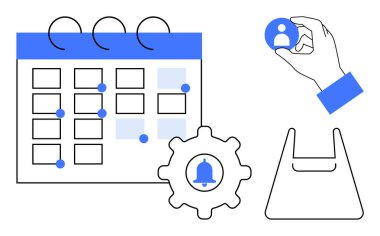 Calendar with marked dates, a cogwheel with a notification bell, a hand holding a user icon, and a tote bag. Ideal for scheduling, task management, user settings, notifications, planning clipart