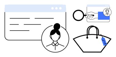 Daire şeklinde kullanıcı profili, ekranda büyüteç, çevrimiçi ürün listesi, etiketli alışveriş çantası. E-ticaret, çevrimiçi alışveriş, kullanıcı deneyimi, arama işlevselliği, ürün yönetimi için ideal