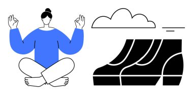 Meditasyon pozisyonu almış bağdaş kurmuş bir kadın, elleri iyi harekette, sol tarafta. Sağ tarafta bulut ve okyanus dalgaları var. Rahatlama, farkındalık, refah, sağlık ve maneviyat için ideal.