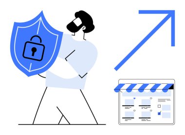 Elinde mavi bir kalkan tutan bir adam, yukarı doğru ok ve ekommerce web sayfası. Çevrimiçi güvenlik, ecommerce, büyüme, koruma, internet sektörü dijital güven veri güvenliği için idealdir. Soyut satır düzlüğü