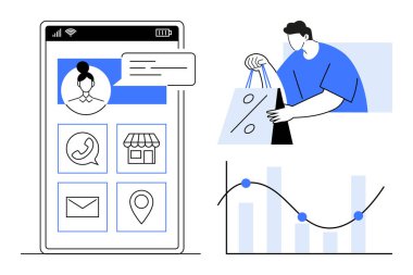 Profil resmi, alışveriş çantası, iletişim simgeleri, harita ve depolama simgeleriyle mobil arayüz. Alışveriş uygulamaları, müşteri ilişkileri, perakende, e-ticaret analitik kullanıcı arayüzü tasarımı için ideal