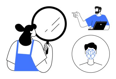 Elinde büyüteç tutan kişi detayları inceliyor, dizüstü bilgisayarı kullanırken bireysel işaret ediyor, geometrik çizgileri olan insan yüzü. Analiz, teknoloji, güvenlik ve kimlik için ideal