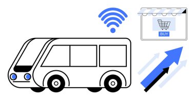Bağlantı sembollü otonom otobüs, ekranda online alışveriş arabası ve oklar. Akıllı ulaşım, geleceğin teknolojisi, e-ticaret, büyüme, yenilik, dijital bağlantı otomasyonu için ideal