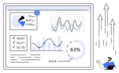 Büyüyen oklar ve iş adamının işaret ettiği grafikler, grafikler ve analizler dijital panelde gösteriliyor. İş analizleri, veri görselleştirmesi, performans takibi ve büyüme stratejisi için ideal