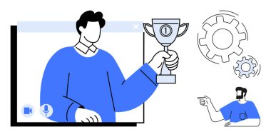 Kişi video çağrısında bir kupa tutar, başka noktalar, ve vitesler döner. Başarı için ideal, uzaktan çalışma, iletişim, takım çalışması, verimlilik sanal toplantıları yeniliği. Soyut çizgi düz metafor