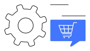 E-ticaret ayarlarını vurgulayan mavi sohbet balonunda dijital alışveriş arabası sembolünün yanında vites simgesi. Çevrimiçi alışveriş yapılandırması, e-ticaret platformları, dijital mağazalar, teknik destek için ideal
