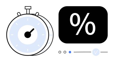 Kronometre bir yüzde sembolü ve ilerleme göstergesiyle birlikte geçen zamanı gösteriyor. Üretkenlik, teslim tarihleri, performans ölçümleri, verimlilik artışı, zaman izleme ve proje için ideal