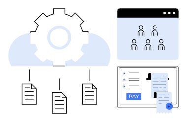 Belge yönetimi, kullanıcı işbirliği ve ödeme işlemlerini birleştiren bulut dişlisi. Kullanıcı simgeli web tarayıcısı, belge hiyerarşi sistemi, ödeme formu. İş akışı optimizasyonu ve iş için ideal