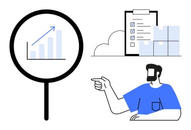 Grafikli büyüteç, kutulu kontrol listesi ve işaret eden adam. İş analizi, organizasyon, planlama, büyüme, verimlilik yönetimi ekip çalışması için ideal. Soyut çizgi düz metafor