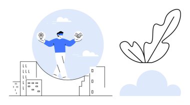 Yüksek kentsel yapıda yürüyen bir adam elinde ampul ve tokalaşma ikonları tutarak fikirleri ve takım çalışmasını dengeliyor. Yenilik için ideal, iş stratejisi, takım çalışması, yaratıcılık, denge, kentsel