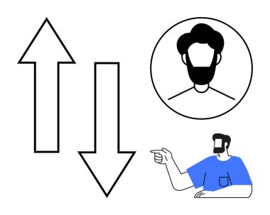 İki büyük siyah ok, biri yukarı ve diğeri aşağı. Dairesel çerçeveli sakallı bir adam ve bir tane de sağa bakan adam. Yönlendirme, karar verme, yönlendirme, navigasyon, seçimler için ideal