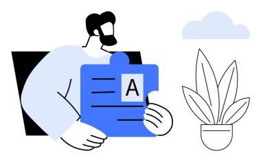 Adamın elinde A harfiyle mavi yapboz parçası var. Yanında da saksıda bir bitki ve yukarıda bir bulut var. Takım çalışması, eğitim, sorun çözme, yaratıcılık, strateji, öğrenme, işbirliği temaları için ideal