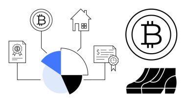 Pasta grafiğine, eve, sertifikalara ve dijital elementlere bağlı bitcoin sembolü. Finans, teknoloji, yatırım, gayrimenkul eğitimi için ideal dijital güvenlik ekonomik büyümesi. Soyut çizgi