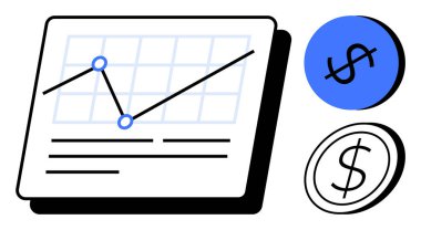 Bir şebeke arka planındaki veri eğilimlerini ve mavi ve siyah dairelerdeki iki para birimi sembolünü gösteren çizgi grafiği. Mali tahminler, iş analizleri, istatistikler, yatırım stratejileri için ideal
