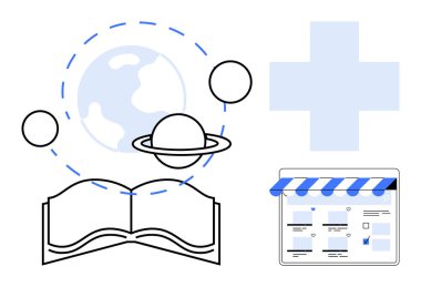 Gezegenlerin ve Dünya 'nın yörüngesinde olduğu açık bir kitap, mavi haç sembolü, mavi çizgili tentenin altındaki çevrimiçi depo sayfası. Eğitim, bilim, sağlık, çevrimiçi alışveriş, teknoloji ve bilgi paylaşımı için ideal