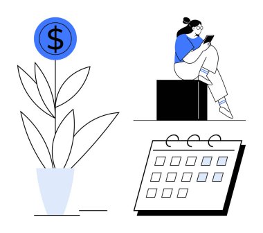 Para fabrikası finansal büyümeyi simgeler, tablet kullanan kişi ve organizasyonu temsil eden bir takvim. Finansal planlama, yatırım, dijital yönetim, organizasyon, üretkenlik için ideal