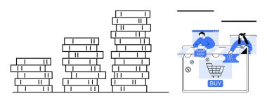 İnsanların online alışveriş yaptığı bir e-ticaret sahnesinin yanında finansal büyümeyi temsil eden madeni para yığınlarının artması ve bir alışveriş arabası. İş için ideal, finans, e-ticaret, dijital satış, çevrimiçi