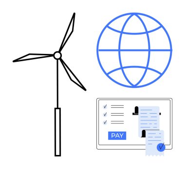 Yenilenebilir enerji ve küresel bağlantı için rüzgar türbini ve küresi, dijital makbuz ve çevrimiçi işlemleri sembolize eden ödeme. Enerji, çevre, teknoloji, finans, sürdürülebilirlik için ideal
