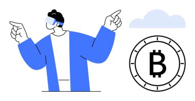 VR gözlüklü karikatür adam bulutlu bir Bitcoin sembolünü işaret ediyor. Kripto para birimi, sanal gerçeklik, dijital finans, teknoloji, engelleme zinciri, yenilik, eğitim içeriği için ideal