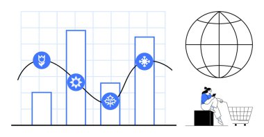 Dört elementi olan çubuk grafik, mevsimlik simgeler, bir trend çizgisi, büyük bir dünya ve online alışveriş yapan biri. Veri analizi, e-ticaret eğilimleri, mevsimsel pazarlama, küresel ticaret tüketicisi için ideal