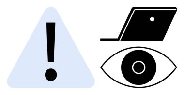 Üçgen, dizüstü bilgisayar ve stilize edilmiş gözde ünlem işareti dijital güvenlik izleme, farkındalık, siber tehditler, veri koruması, çevrimiçi tetikte olma, bilgi güvenliği ve izlemeyi vurguluyor