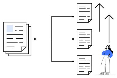 Düzenli bir şekilde sıralanmış birden fazla belge, insan üzerinde kafa yorma, iki yukarı doğru ok. İş süreci, iş akışı otomasyonu, karar verme süreci, verimlilik artışı, veri yönetimi için ideal