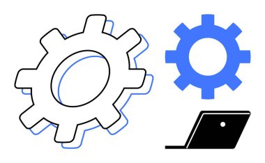 İki vites, biri beyaz ve biri mavi olmak üzere siyah dizüstü bilgisayarın yanında. Teknoloji, mühendislik, mekanik, otomasyon, verimlilik yeniliği dijital dönüşüm için idealdir. Soyut satır düzlüğü