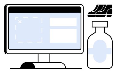 Masaüstü monitörü yazılım UI, aşı şişesi ve DNA çift sarmal sembolünü gösteriyor. Tıp, sağlık, teknoloji, yenilik, bilim biyoteknolojisi dijital sağlık için idealdir. Modern soyut