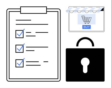 İşaretli listeli pano, satın alma düğmeli alışveriş arabası, kilit sembolü. E-ticaret güvenliği, çevrimiçi işlemler, siber güvenlik, veri koruması, müşteri güveni, güvenlik için ideal