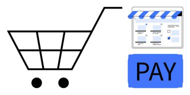 Mavi çizgili tenteli ve büyük ödeme düğmeli dijital bir mağazanın yanında alışveriş arabası. Çevrimiçi alışveriş, e-ticaret, dijital işlemler, web mağazaları, perakende otomasyon, çıkış süreci için ideal