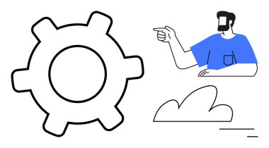 Mavi gömlekli adam vites ve bulutu işaret ediyor. Rehberlik, liderlik, bulut hesaplama, teknoloji, yenilik, problem çözme ve soyut düz metafor temaları için ideal