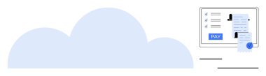 Bilgisayar ekranında fatura ayrıntıları, kullanıcı profili simgeleri ve büyük bir bulut simgesinin yanında Ödeme düğmesi var. Çevrimiçi ödemeler, fatura sistemleri, bulut hesaplaması, kullanıcı kimlik denetimi için ideal