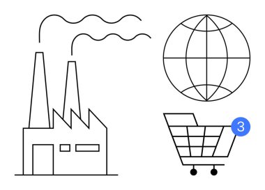 Küresel bağlantıyı temsil eden dumanlı bir endüstri fabrikası, ve tebligatlı bir alışveriş arabası. Ticaret, endüstri, çevre, teknoloji, küreselleşme, İnternet alışverişi için ideal