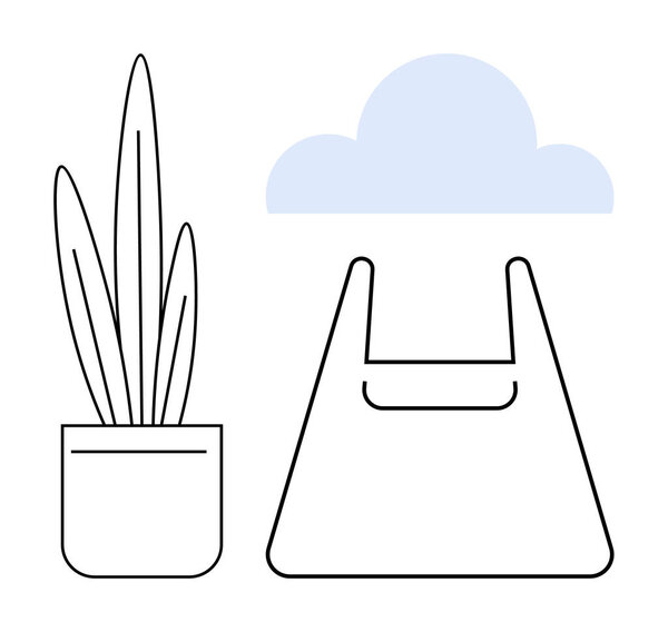 Potted plant with tall leaves, recyclable shopping bag, and a blue cloud. Ideal for sustainability, nature conservation, minimalism, eco-friendly lifestyle, green shopping, environmental