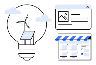 Güneş paneli ve rüzgar türbini içeren ampul yenilenebilir enerjiyi temsil ediyor. Çevrimiçi perakende pencere ve vitrin vitrinleri e-ticaret. Sürdürülebilirlik, yenilik ve teknoloji için ideal