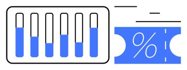 Test tüpleri mavi sıvıyla kısmen doldurulmuş, yanında yüzde işaretli mavi indirim kuponu. Bilim için ideal, araştırma bulguları, indirimler, perakende satışlar, analitik, deneyler, maliyet