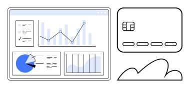 Kredi kartı ve bulut sembolünün yanında veri analizi ve grafiklerini gösteren dijital gösterge paneli. Finansal izleme, bütçe, nakit akışı yönetimi, çevrimiçi bankacılık, gider takibi için ideal