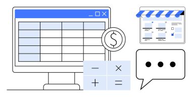 Bilgisayar ekranı veri tablosu, finansal sembol, hesap makinesi tuş takımı, web sayfası düzeni ve sohbet balonu. Çevrimiçi mali analiz, iletişim, e-ticaret ve veri yönetimi için ideal