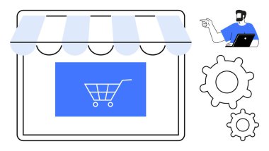 Tente ve alışveriş arabası olan bir e-ticaret mağazası arayüzü gösteren bir laptop, ayarları ve kişiselleştirmeyi sembolize eden vitesler. Çevrimiçi perakende satış, dijital pazarlama ve e-ticaret için ideal