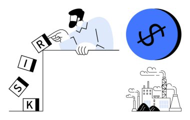 R etiketli bir bloğu iten adam RISK 'in düşmesine sebep oluyor dolar işaretli mavi daire, endüstriyel fabrika. Ticari risk, mali kararlar, sanayi etkisi, strateji, yönetim için ideal