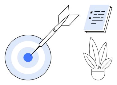 Dart hedefi tam on ikiden vurur, görev listesi, saksı bitkisi. Hedef belirleme, üretkenlik, başarı, görev yönetimi, organizasyon başarı artışı için idealdir. Minimalist soyut çizgi düz