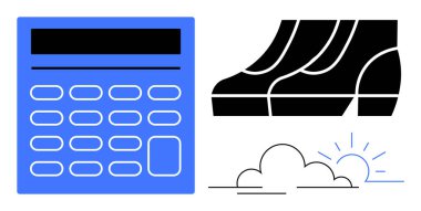 Hesap makinesi, ilerlemeyi gösteren çubuk grafiği ve güneşli bulut verimliliği, verimliliği, analizi, tahmini ve büyümeyi gösteriyor. Finans ve iş stratejisi veri analizi için ideal hava durumu