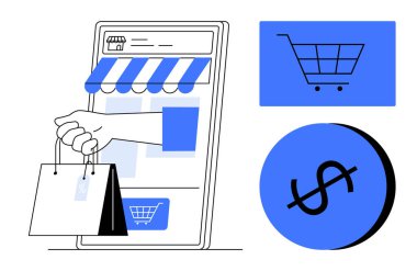 Alışveriş torbaları online alışverişi temsil eden akıllı bir telefondan çıkıyor. El arabası ve dolar simgeleri de dahil. E-ticaret, perakende, mobil satın alma, çevrimiçi ticaret, finans sektörü için ideal
