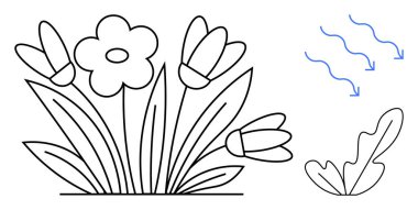 Yaprakları olan siyah bir çiçek kümesinin ana hatları ve beraberinde hareket, büyüme ve doğa döngülerini gösteren mavi akış okları olan tek bir yaprak. Kavramsal kavramlar için idealdir. Büyümeyi ve doğayı işaret eder.