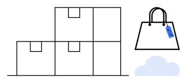 Mavi etiketli bir alışveriş çantasının yanında üç kutu var. Bulut simgesi de yakında. Perakende, e-ticaret, lojistik, nakliye, online alışveriş, depo teslimatı için ideal. Temiz modern